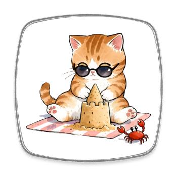 😸 🏖 Katze am Strand mit Sandburg - Viereckiger Kühlschrankmagnet - Weiß - Vorne