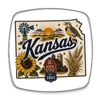 Kansas Sunflower State Vintage Reiseaufkleber - Viereckiger Kühlschrankmagnet - Weiß - Vorne