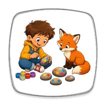 Junge bemalt bunte Steine mit neugierigem Fuchs - Viereckiger Kühlschrankmagnet - Weiß - Vorne