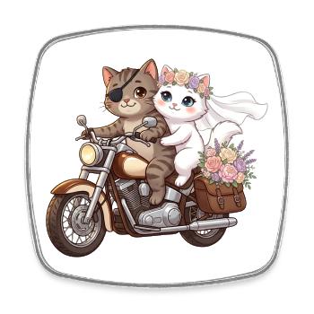 Just Married: Katzen auf Motorrad - Viereckiger Kühlschrankmagnet - Weiß - Vorne