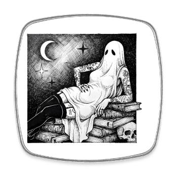 Ghost over books in the moonlight - Square fridge magnet - white - Front