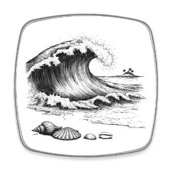 Grosse vague océanique avec île à palmiers et coquillages - Magnet carré - blanc - Devant