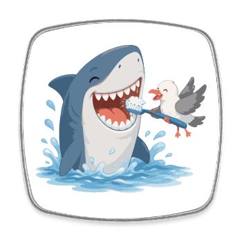 Requin se brossant les dents avec une mouette - Magnet carré - blanc - Devant