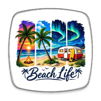Beach Life: Sunset & Camper - Square fridge magnet - white - Front