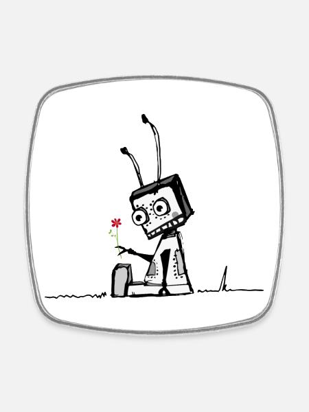 A robot with a flower - Square fridge magnet - white