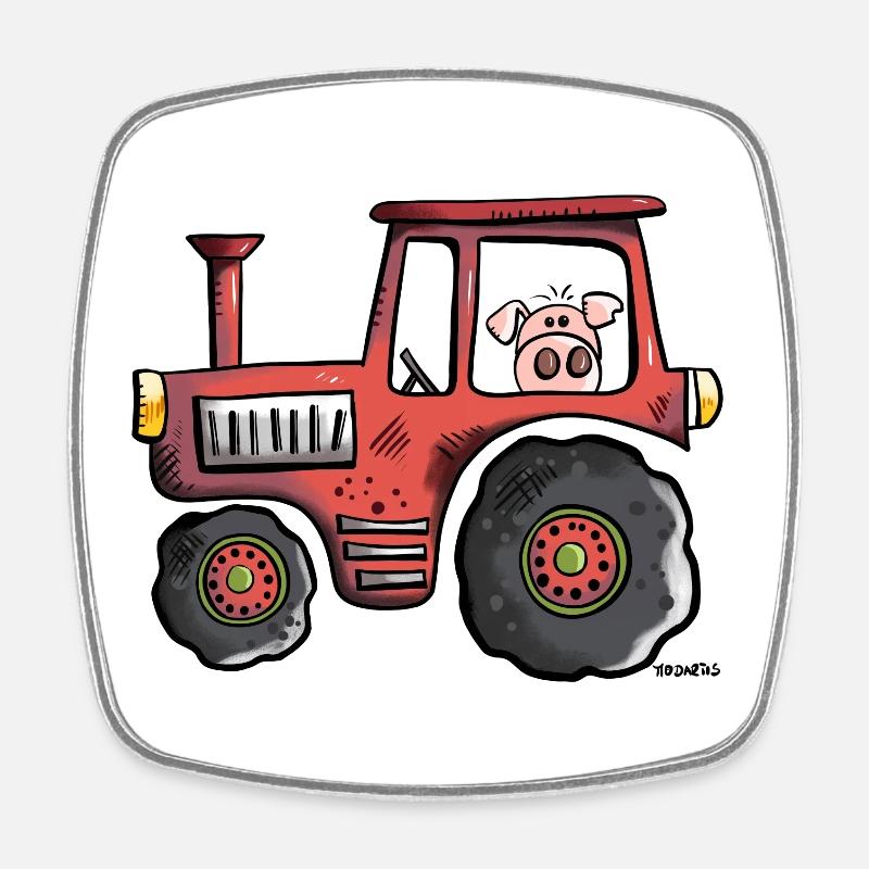 Pig driving a tractor - Square fridge magnet - white