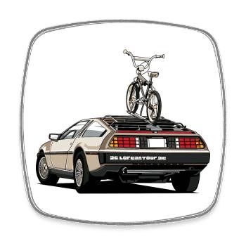 Delorean with old school 80s BMX on the rear - Square fridge magnet - white - Front