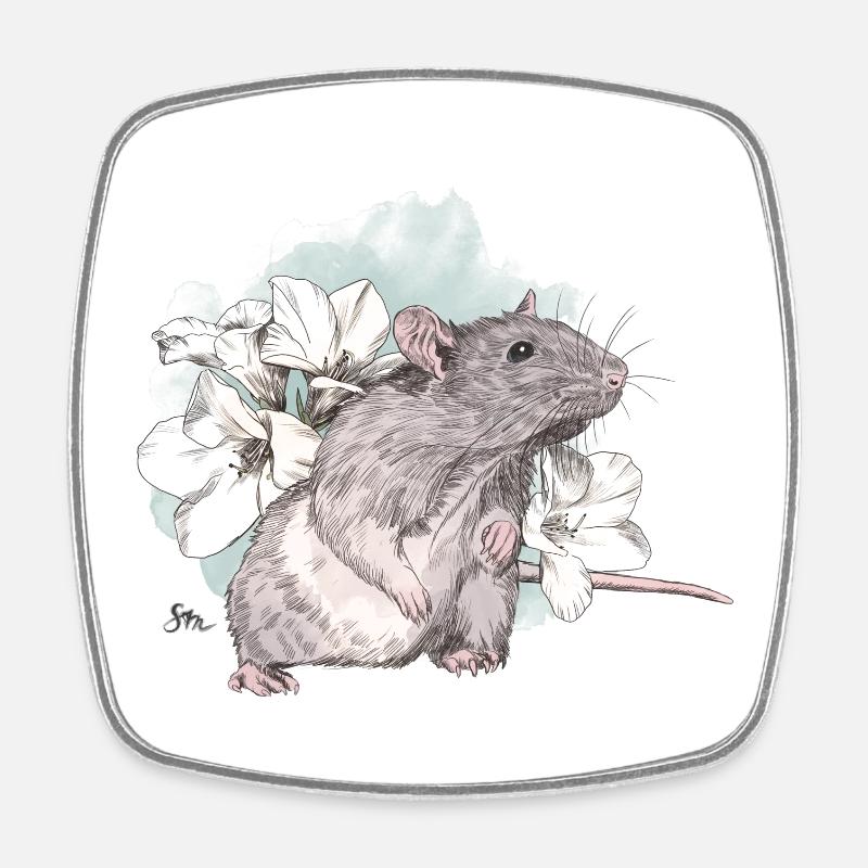 Rat devant de délicates fleurs sur une masse aquarelle - Magnet carré - blanc
