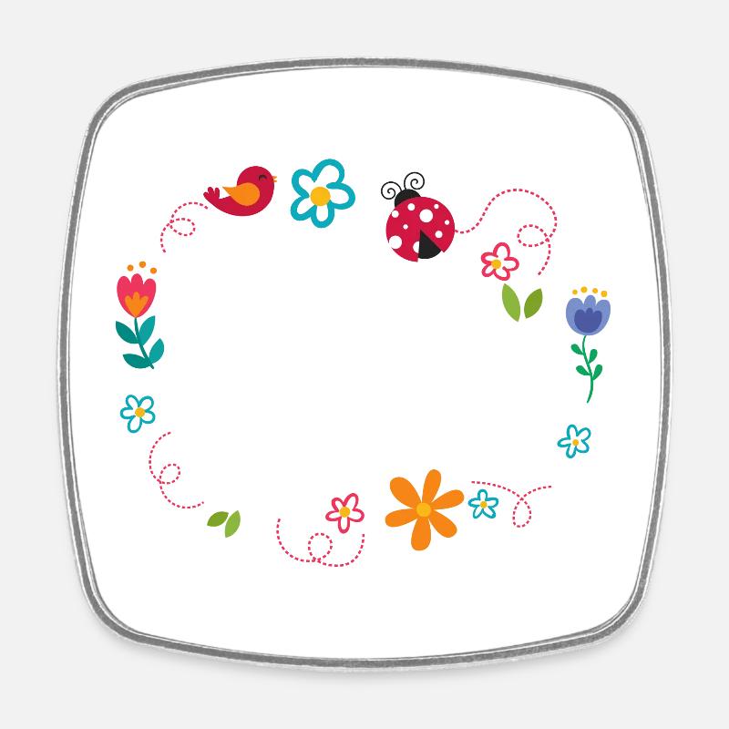 Round frame with flowers, ladybug and bird - Square fridge magnet - white