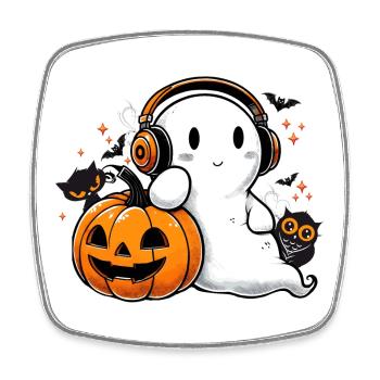 cool ghost with headphones and halloween pumpkin - Square fridge magnet - white - Front