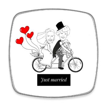 Humorous Wedding Caricature on Bicycle - Square fridge magnet - white - Front