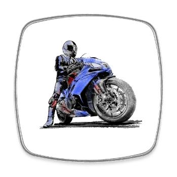 Racing driver with blue sports bike - Square fridge magnet - white - Front