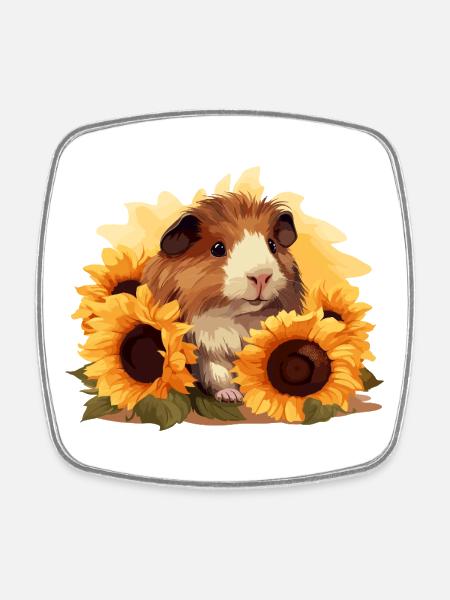 Motif ludique de cochon d’Inde avec des tournesols - Magnet carré - blanc