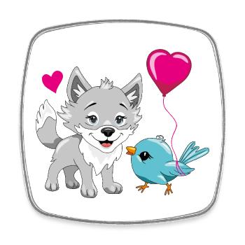 Bébé loup heureux et oiseau mignon avec un ballon - Magnet carré - blanc - Devant
