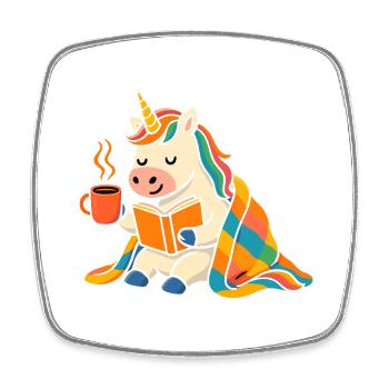 Süßes gemütliches Einhorn Lesen und Kaffee T-Shirt - Viereckiger Kühlschrankmagnet - Weiß - Vorne