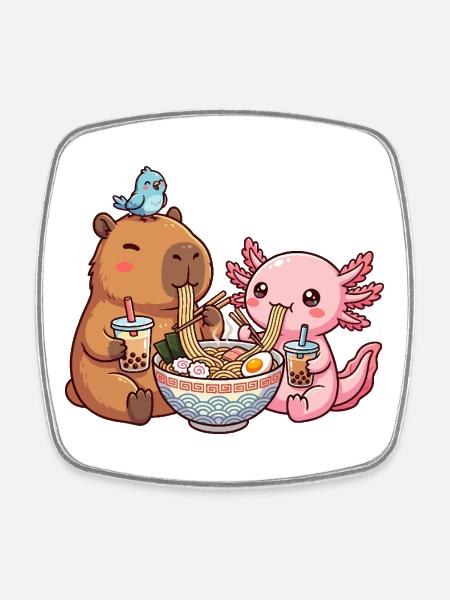 Kawaii Capybara Axolotl Ramen Bubble Tea - Square fridge magnet - white