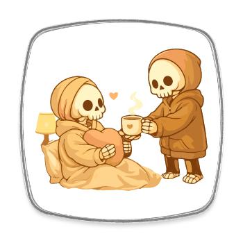 Cozy skeleton brings tea – Small gesture, lots of heart - Square fridge magnet - white - Front