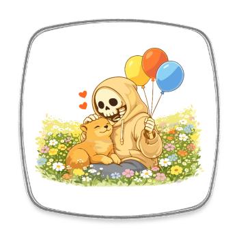 Cozy Skelett mit Katze auf Blumenwiese - Viereckiger Kühlschrankmagnet - Weiß - Vorne