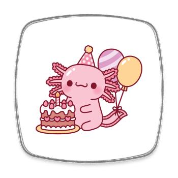 Cute Axolotl With Birthday Cake and Balloons - Square fridge magnet - white - Front