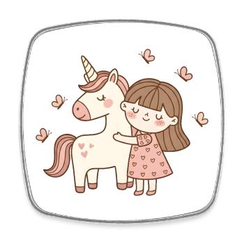 Mädchen umarmt Einhorn: Magische Freundschaft - Viereckiger Kühlschrankmagnet - Weiß - Vorne
