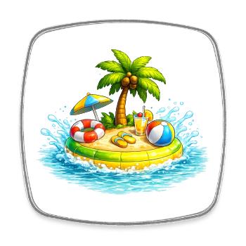 Small island in the sea with palm tree & beach accessories - Square fridge magnet - white - Front