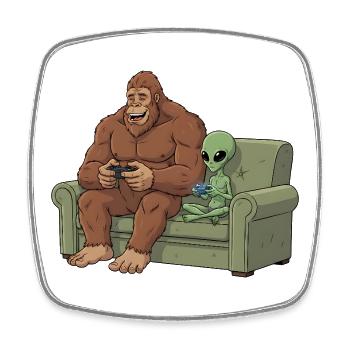 Bigfoot Alien Plays Video Game Gaming Sasquatch - Square fridge magnet - white - Front