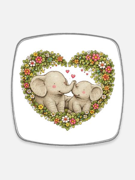 Floral Heart Elefantenkuss - Viereckiger Kühlschrankmagnet - Weiß