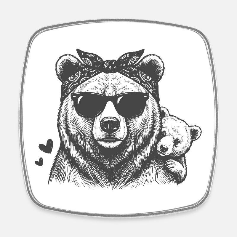 Maman Ours avec le bébé - Magnet carré - blanc