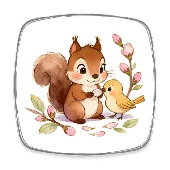 Écureuil et Oiseau parmi les Fleurs – 🐿🐦 Aquarelle - Magnet carré - blanc - Devant