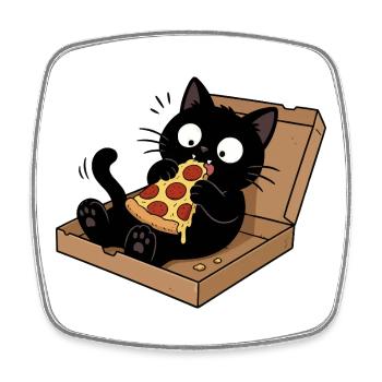 Black cat enjoying pizza - Square fridge magnet - white - Front