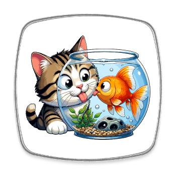 Kitten kisses goldfish in glass - Square fridge magnet - white - Front