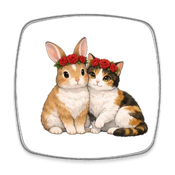 Kaninchen und Katze - Viereckiger Kühlschrankmagnet - Weiß - Vorne