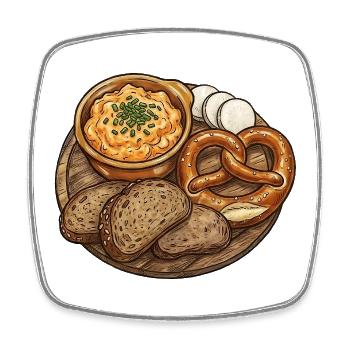 Rustikale Brotzeitplatte mit Obatzda - Viereckiger Kühlschrankmagnet - Weiß - Vorne