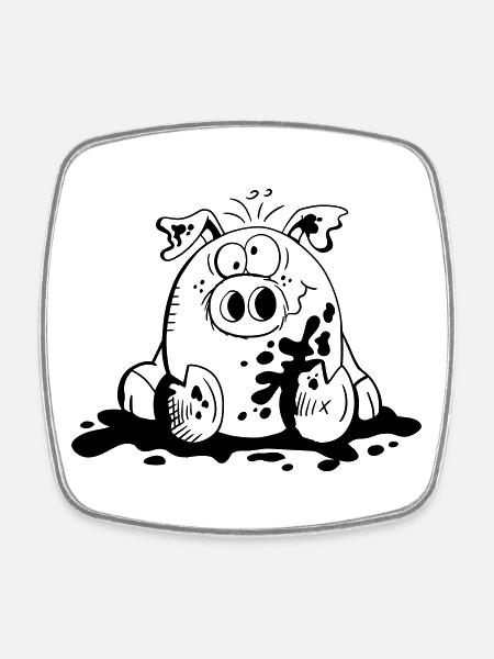 Pig in the mud - Pigs - Cartoon - Gift - Square fridge magnet - white