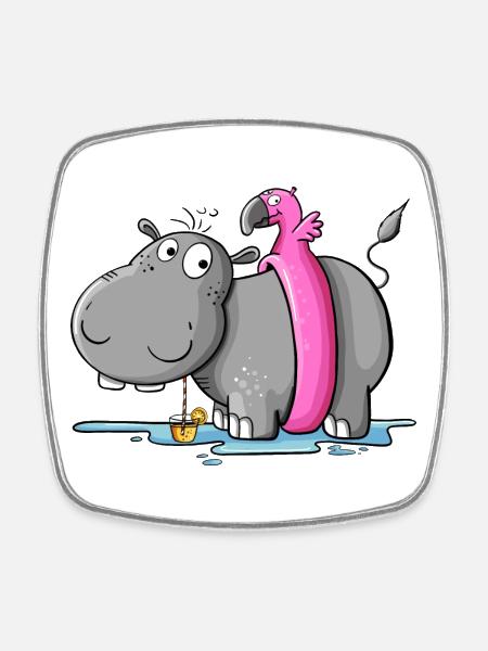 Hippo on Vacation I Wildlife Comic - Square fridge magnet - white