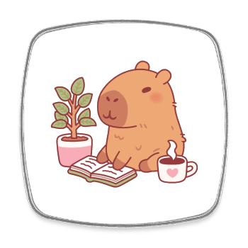 Cute Capybara Enjoying A Good Read And Coffee - Square fridge magnet - white - Front
