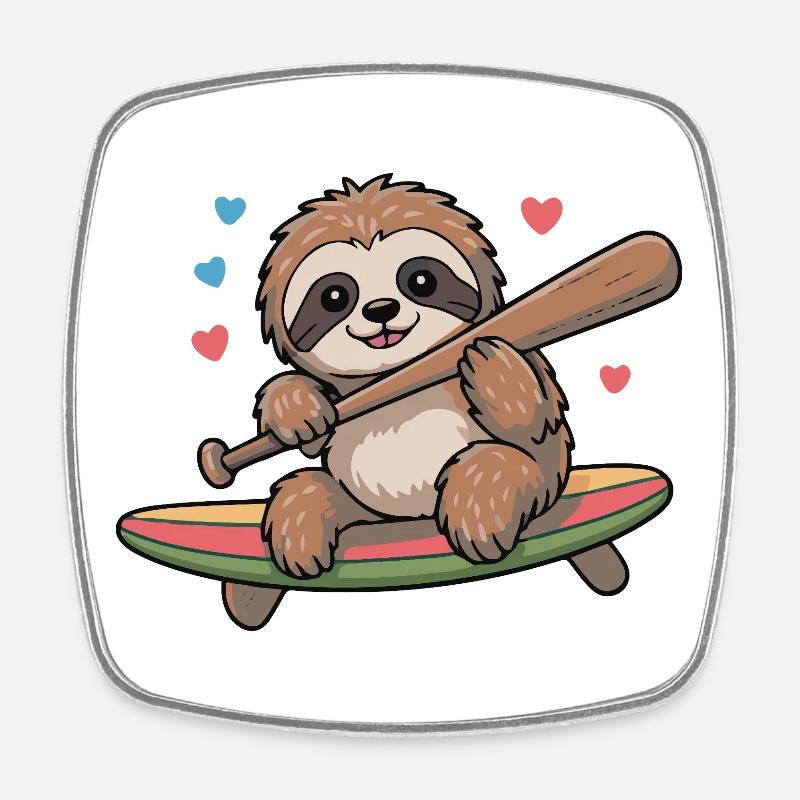 Sloth On Surfboard Hearts - Square fridge magnet - white