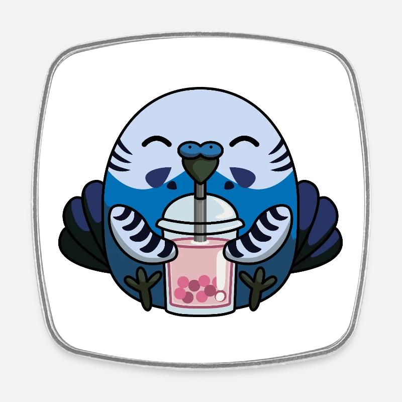 Blue Budgie Bird with Bubble Tea - Square fridge magnet - white