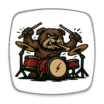 Rock Drummer Bulldog with Drum Set Cartoon Art - Square fridge magnet - white - Front