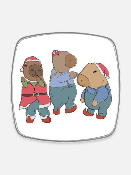 Niedliches Weihnachts-Capybara-Trio im Weihnachtsmann-und-Elf-Outfit - Viereckiger Kühlschrankmagnet - Weiß