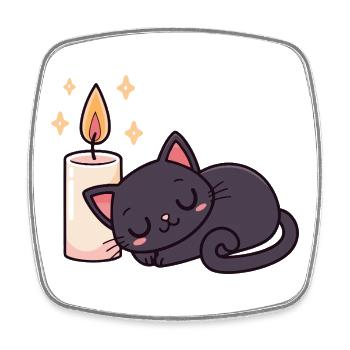 Schlafende schwarze Katze und helle Kerze - Viereckiger Kühlschrankmagnet - Weiß - Vorne