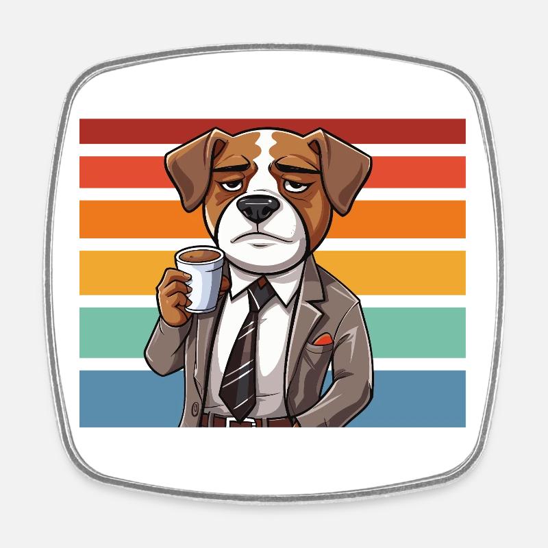 Coffee dog in suit in front of retro stripes - Square fridge magnet - white