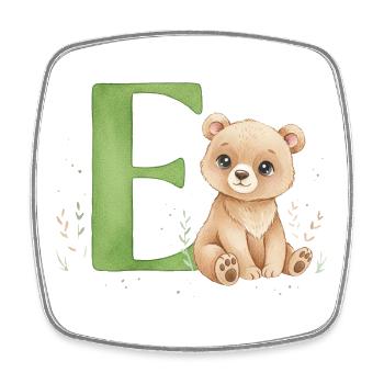 E avec Teddy : Lettre E ludique - Magnet carré - blanc - Devant