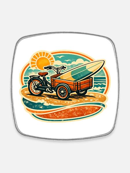 Retro Surfboard Cart on the Beach Cargo Bike Bicycle - Square fridge magnet - white
