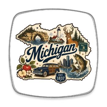 Michigan Great Lakes Vintage-Reiseaufkleber - Viereckiger Kühlschrankmagnet - Weiß - Vorne