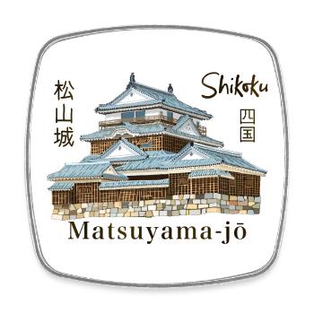 Matsuyama-jo, Shikoku, Japon, Dessin à la main - Magnet carré - blanc - Devant