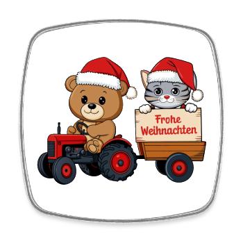 Teddy als Weihnachtsmann mit Traktor und Kätzchen - Viereckiger Kühlschrankmagnet - Weiß - Vorne
