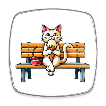 Cute Cat enjoying an icecream on a bench - Square fridge magnet - white - Front