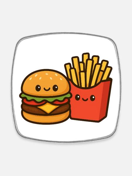 Kawaii Burger & Fries Duo - Square fridge magnet - white