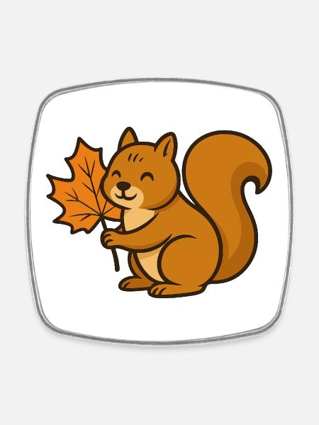Cute Squirrel with Autumn Leaf Cartoon - Square fridge magnet - white